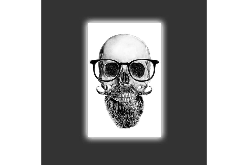 Lerretsbilde med LED-belysning - Hodeskalle med briller og bart - Svart / Grå / Hvit - Innredning - Bilder & kunst - Lerretsbilder