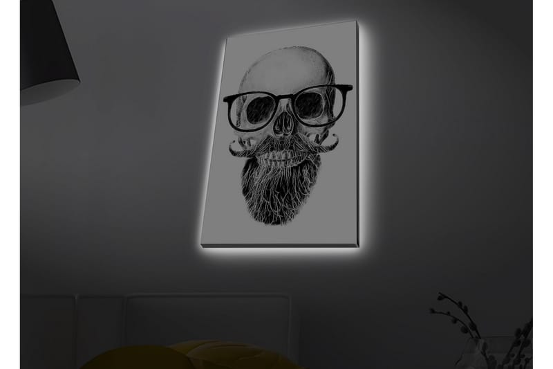 Lerretsbilde med LED-belysning - Hodeskalle med briller og bart - Svart / Grå / Hvit - Innredning - Bilder & kunst - Lerretsbilder
