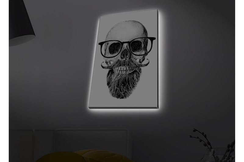 Lerretsbilde med LED-belysning - Hodeskalle med briller og bart - Svart / Grå / Hvit - Innredning - Bilder & kunst - Lerretsbilder