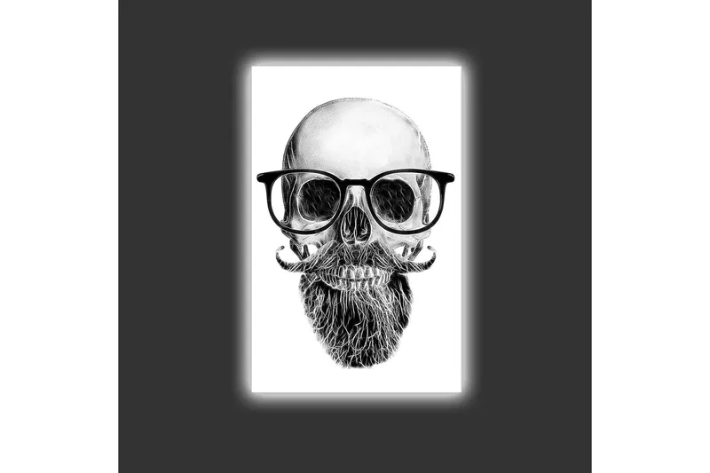 Lerretsbilde med LED-belysning - Hodeskalle med briller og bart - Svart / Grå / Hvit - Innredning - Bilder & kunst - Lerretsbilder