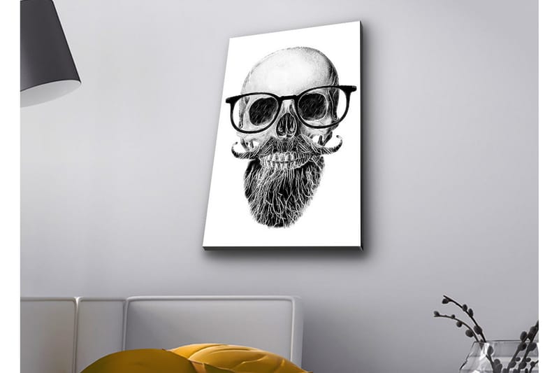 Lerretsbilde med LED-belysning - Hodeskalle med briller og bart - Svart / Grå / Hvit - Innredning - Bilder & kunst - Lerretsbilder