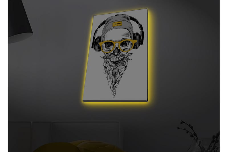 Lerretsbilde med LED-belysning - Hodeskalle med hodetelefoner og briller i moderne stil, Svart / Gul / Grå