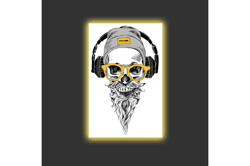 Lerretsbilde med LED-belysning - Hodeskalle med hodetelefoner og briller i moderne stil - Svart / Gul / Grå - Innredning - Bilder & kunst - Lerretsbilder