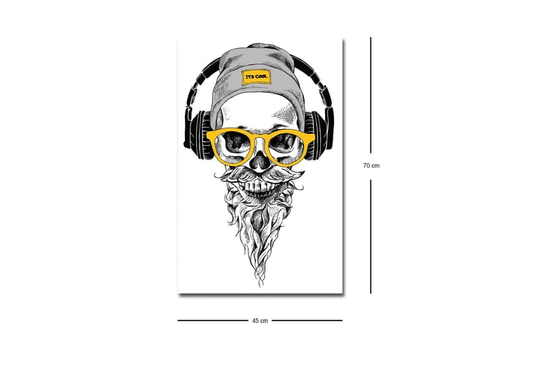 Lerretsbilde med LED-belysning - Hodeskalle med hodetelefoner og briller i moderne stil - Svart / Gul / Grå - Innredning - Bilder & kunst - Lerretsbilder