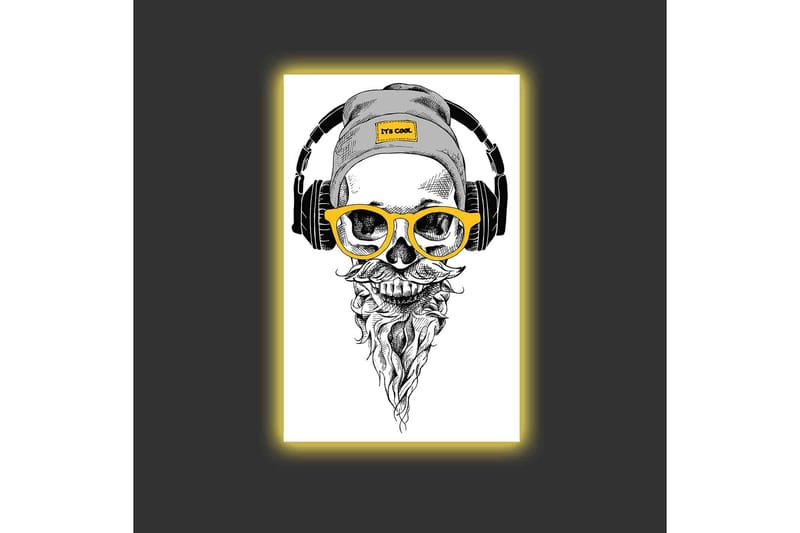 Lerretsbilde med LED-belysning - Hodeskalle med hodetelefoner og briller i moderne stil - Svart / Gul / Grå - Innredning - Bilder & kunst - Lerretsbilder