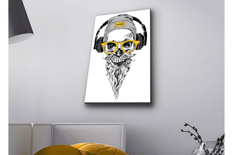 Lerretsbilde med LED-belysning - Hodeskalle med hodetelefoner og briller i moderne stil - Svart / Gul / Grå - Innredning - Bilder & kunst - Lerretsbilder