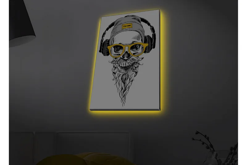 Lerretsbilde med LED-belysning - Hodeskalle med hodetelefoner og briller i moderne stil, Svart / Gul / Grå
