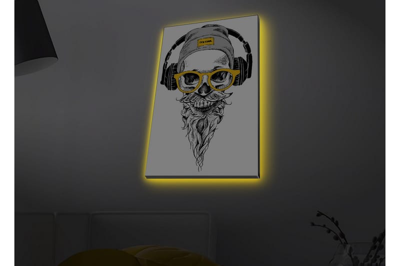 Lerretsbilde med LED-belysning - Hodeskalle med hodetelefoner og briller i moderne stil, Svart / Gul / Grå