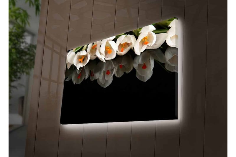 Lerretsbilde med LED-belysning - Hvit blomsterbukett med refleksjon på svart bakgrunn - Hvit / Oransje / Grønn - Innredning - Bilder & kunst - Lerretsbilder