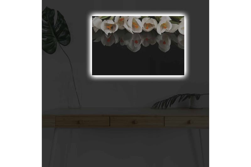 Lerretsbilde med LED-belysning - Hvit blomsterbukett med refleksjon på svart bakgrunn - Hvit / Oransje / Grønn - Innredning - Bilder & kunst - Lerretsbilder