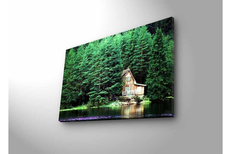 Lerretsbilde med LED-belysning - Hytte ved en speilblank innsjø omgitt av tett grøntområde - Grønn / Brun / Blå - Innredning - Bilder & kunst - Lerretsbilder