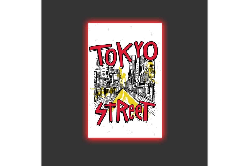 Lerretsbilde med LED-belysning - Illustrasjon av en travel gate i Tokyo med fargerike skilt - Rød / Gul / Svart - Innredning - Bilder & kunst - Lerretsbilder