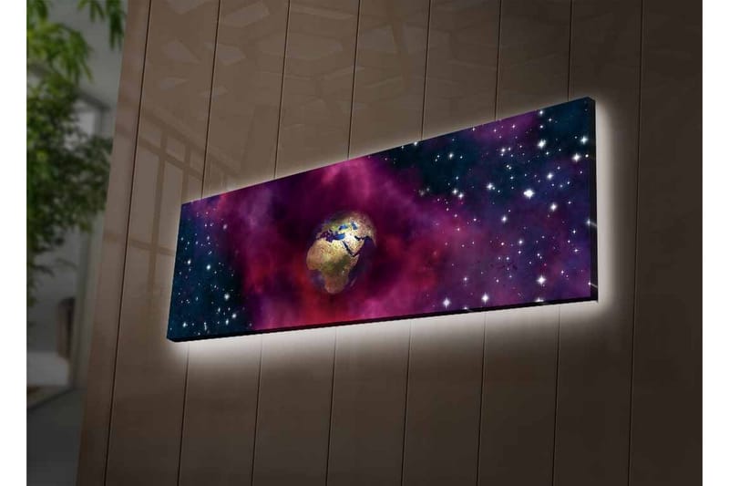 Lerretsbilde med LED-belysning - Jorden omgitt av et stjerneklar rom med fargerike tåker - Lilla / Blå / Gull - Innredning - Bilder & kunst - Lerretsbilder