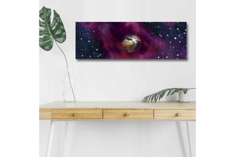 Lerretsbilde med LED-belysning - Jorden omgitt av et stjerneklar rom med fargerike tåker - Lilla / Blå / Gull - Innredning - Bilder & kunst - Lerretsbilder