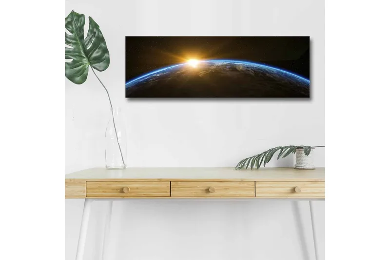 Lerretsbilde med LED-belysning - Jorden sett fra verdensrommet med en soloppgang i horisonten - Blå / Oransje / Svart - Innredning - Bilder & kunst - Lerretsbilder