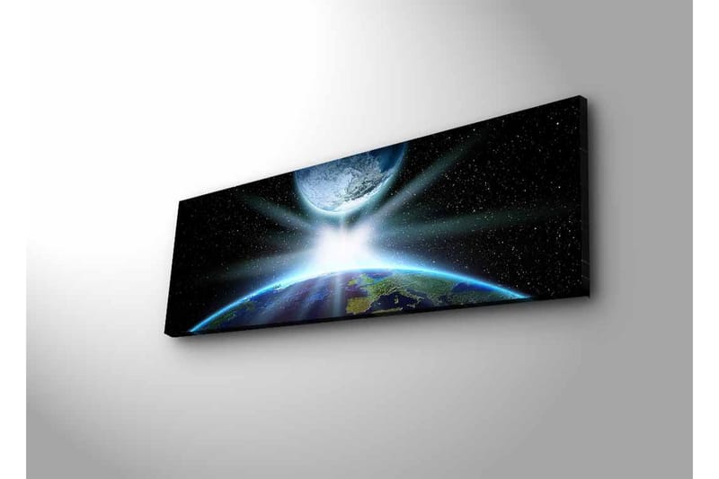 Lerretsbilde med LED-belysning - Jorden sett fra verdensrommet med lysstråler som bryter gjennom atmosfæren - Blå / Grønn / Svart - Innredning - Bilder & kunst - Lerretsbilder