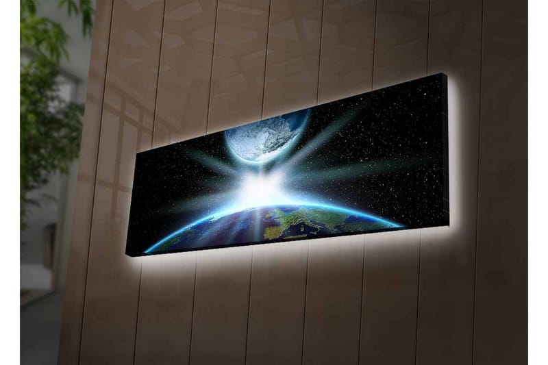 Lerretsbilde med LED-belysning - Jorden sett fra verdensrommet med lysstråler som bryter gjennom atmosfæren - Blå / Grønn / Svart - Innredning - Bilder & kunst - Lerretsbilder