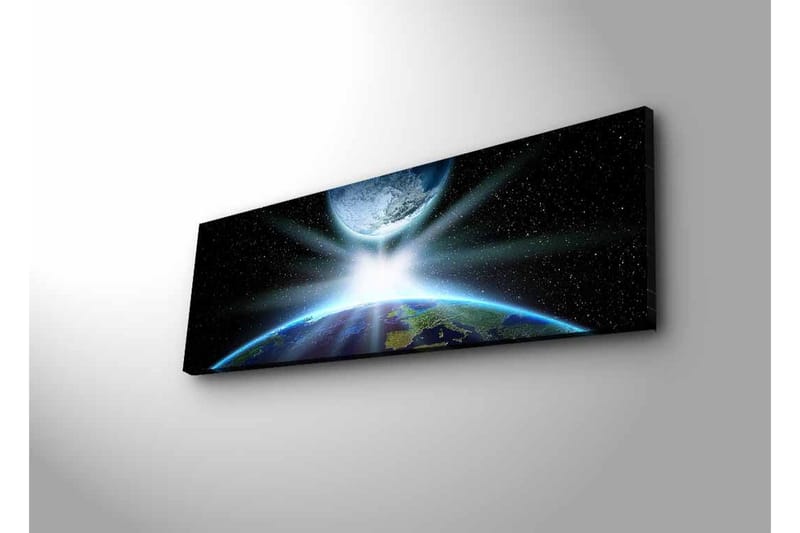Lerretsbilde med LED-belysning - Jorden sett fra verdensrommet med lysstråler som bryter gjennom atmosfæren - Blå / Grønn / Svart - Innredning - Bilder & kunst - Lerretsbilder