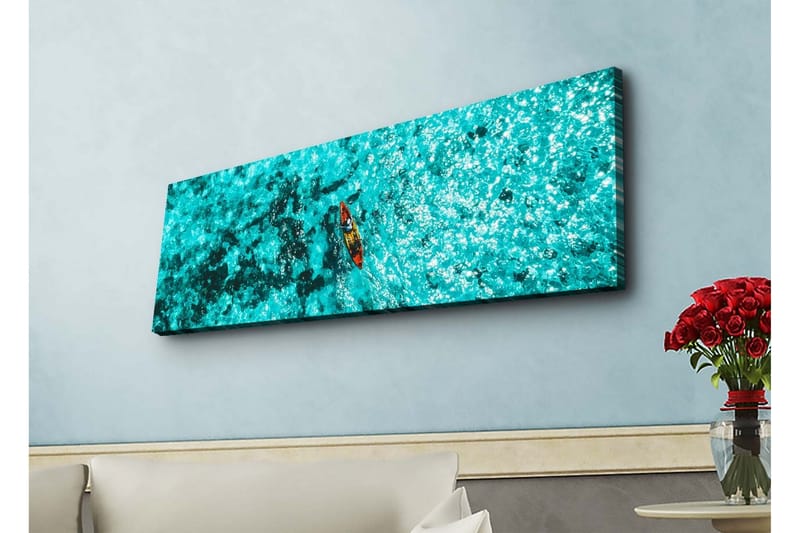 Lerretsbilde med LED-belysning - Kajakkpadling over turkis vann - Turkis / Mørk blå / Rød - Innredning - Bilder & kunst - Lerretsbilder