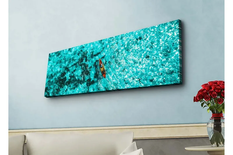 Lerretsbilde med LED-belysning - Kajakkpadling over turkis vann - Turkis / Mørk blå / Rød - Innredning - Bilder & kunst - Lerretsbilder