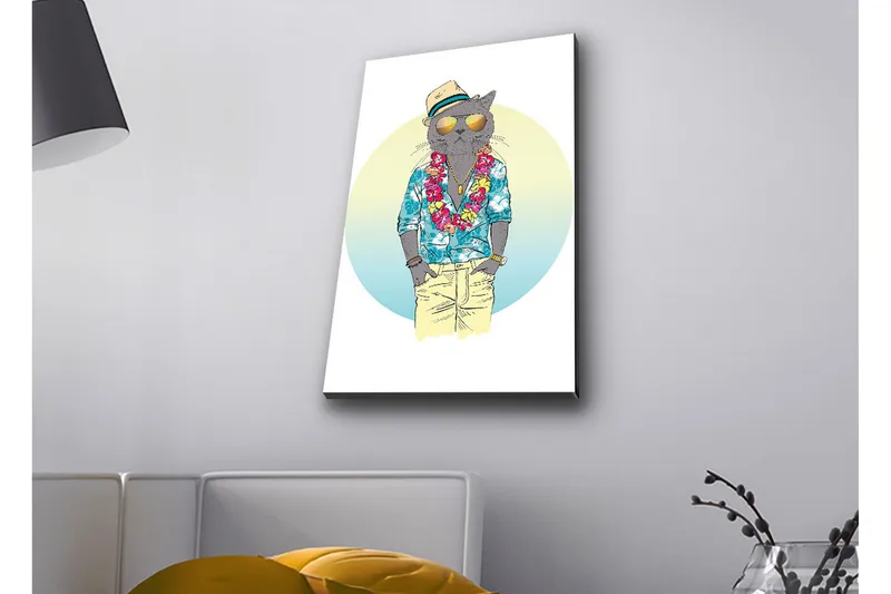 Lerretsbilde med LED-belysning - Katt i sommerklær med blomsterkrans og solbriller - Blå / Grønn / Beige - Innredning - Bilder & kunst - Lerretsbilder