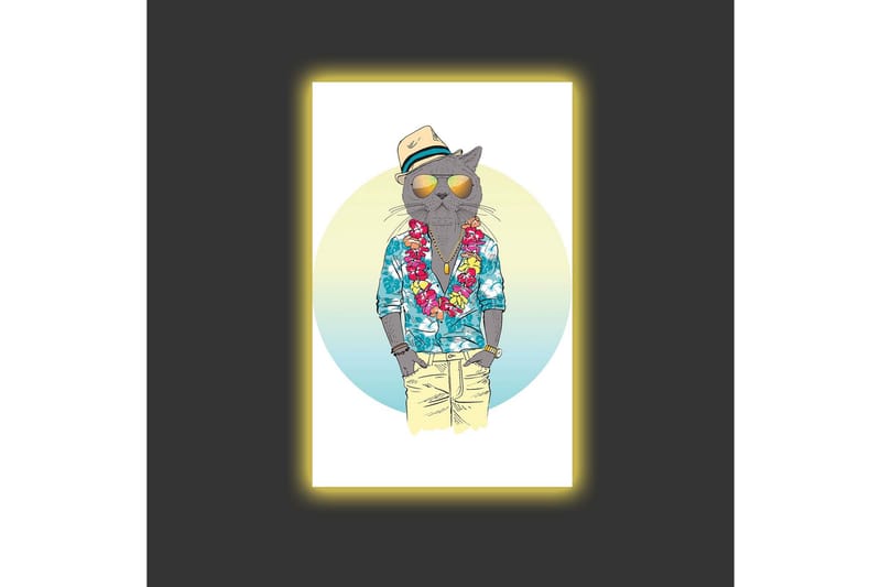Lerretsbilde med LED-belysning - Katt i sommerklær med blomsterkrans og solbriller - Blå / Grønn / Beige - Innredning - Bilder & kunst - Lerretsbilder