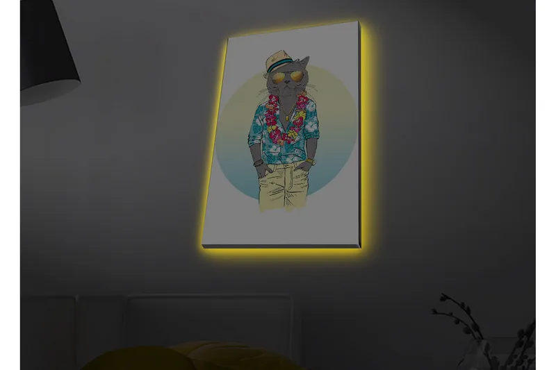 Lerretsbilde med LED-belysning - Katt i sommerklær med blomsterkrans og solbriller, Blå / Grønn / Beige