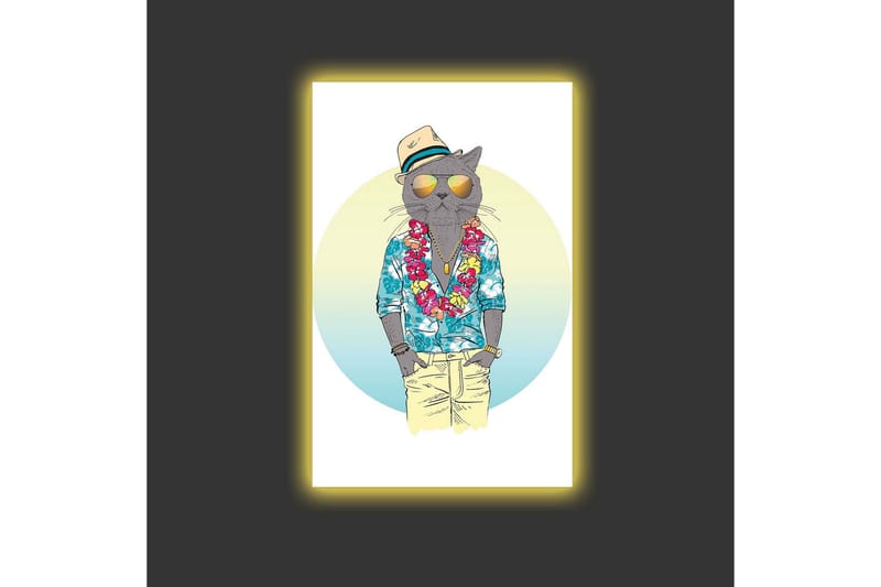 Lerretsbilde med LED-belysning - Katt i sommerklær med blomsterkrans og solbriller - Blå / Grønn / Beige - Innredning - Bilder & kunst - Lerretsbilder