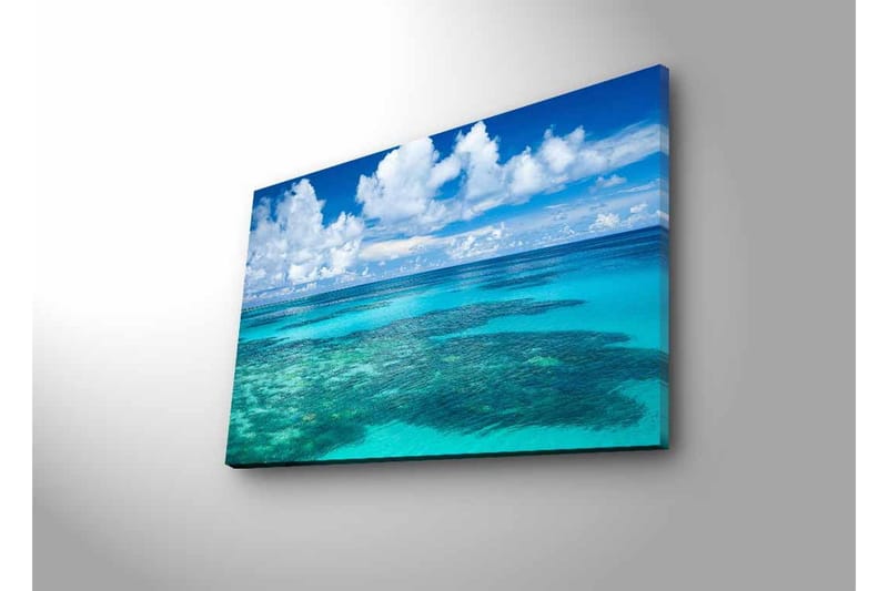 Lerretsbilde med LED-belysning - Klarblå havutsikt med korallrev og hvite skyer - Blå / Turkis / Hvit - Innredning - Bilder & kunst - Lerretsbilder