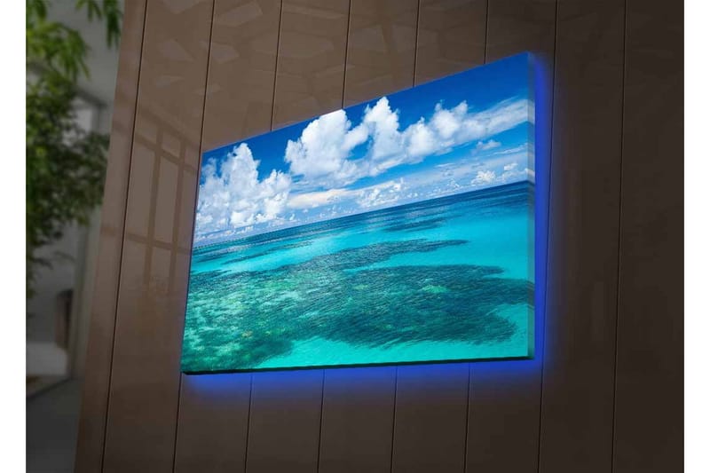 Lerretsbilde med LED-belysning - Klarblå havutsikt med korallrev og hvite skyer - Blå / Turkis / Hvit - Innredning - Bilder & kunst - Lerretsbilder