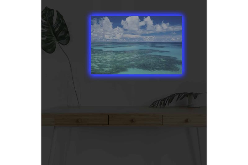 Lerretsbilde med LED-belysning - Klarblå havutsikt med korallrev og hvite skyer - Blå / Turkis / Hvit - Innredning - Bilder & kunst - Lerretsbilder