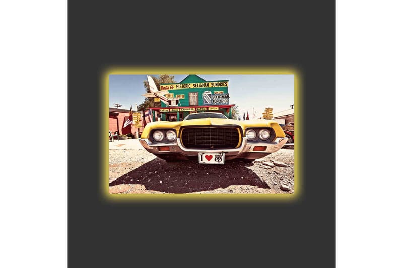 Lerretsbilde med LED-belysning - Klassisk amerikansk bil i retrostil - Gul / Grå / Svart - Innredning - Bilder & kunst - Lerretsbilder