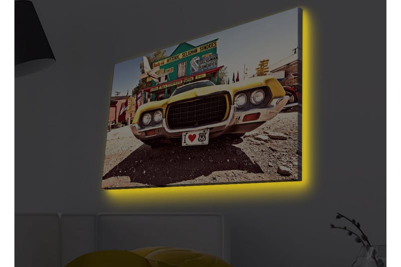Lerretsbilde med LED-belysning - Klassisk amerikansk bil i retrostil - Gul / Grå / Svart - Innredning - Bilder & kunst - Lerretsbilder