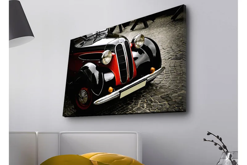 Lerretsbilde med LED-belysning - Klassisk bil med retrodesign, Svart / Rød / Sølv