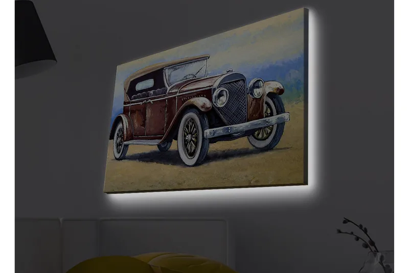 Lerretsbilde med LED-belysning - Klassisk bil med vintagedesign, Mørk rød / Grå / Beige