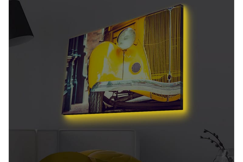 Lerretsbilde med LED-belysning - Klassisk gul bil med retrodesign, Gul / Svart / Grå