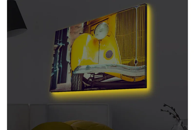 Lerretsbilde med LED-belysning - Klassisk gul bil med retrodesign, Gul / Svart / Grå
