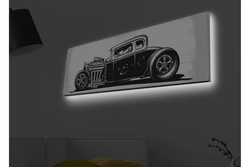 Lerretsbilde med LED-belysning - Klassisk hot rod-bil i svart-hvitt, Svart / Hvit
