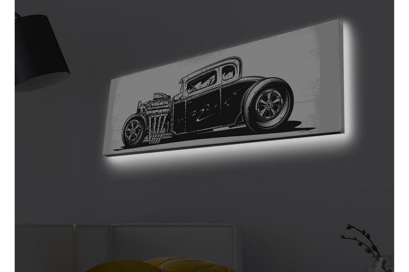 Lerretsbilde med LED-belysning - Klassisk hot rod-bil i svart-hvitt, Svart / Hvit