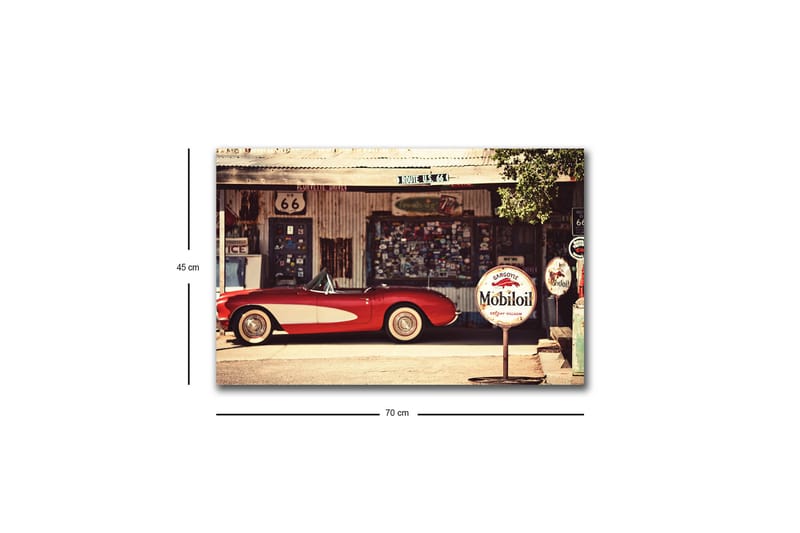 Lerretsbilde med LED-belysning - Klassisk rød sportsbil foran en vintage bensinstasjon - Rød / Grå / Hvit - Innredning - Bilder & kunst - Lerretsbilder