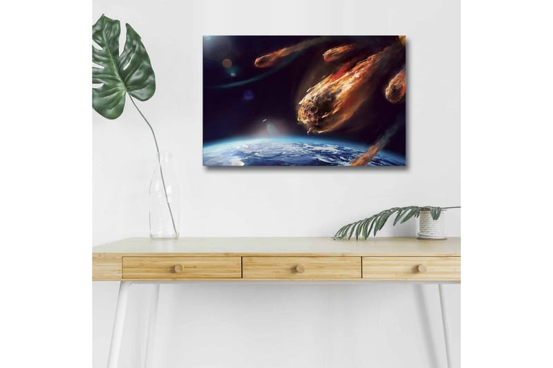 Lerretsbilde med LED-belysning - Komet som treffer jorden i et dramatisk romscene - Mørk blå / Oransje / Grå - Innredning - Bilder & kunst - Lerretsbilder