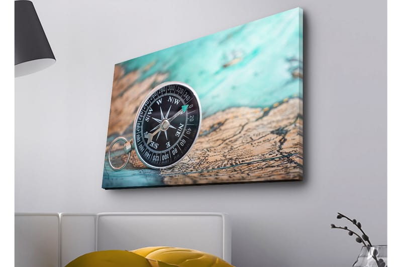 Lerretsbilde med LED-belysning - Kompass på et gammelt kart med et maritimt tema - Turkis / Brun / Svart - Innredning - Bilder & kunst - Lerretsbilder