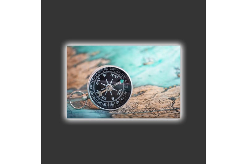 Lerretsbilde med LED-belysning - Kompass på et gammelt kart med et maritimt tema - Turkis / Brun / Svart - Innredning - Bilder & kunst - Lerretsbilder