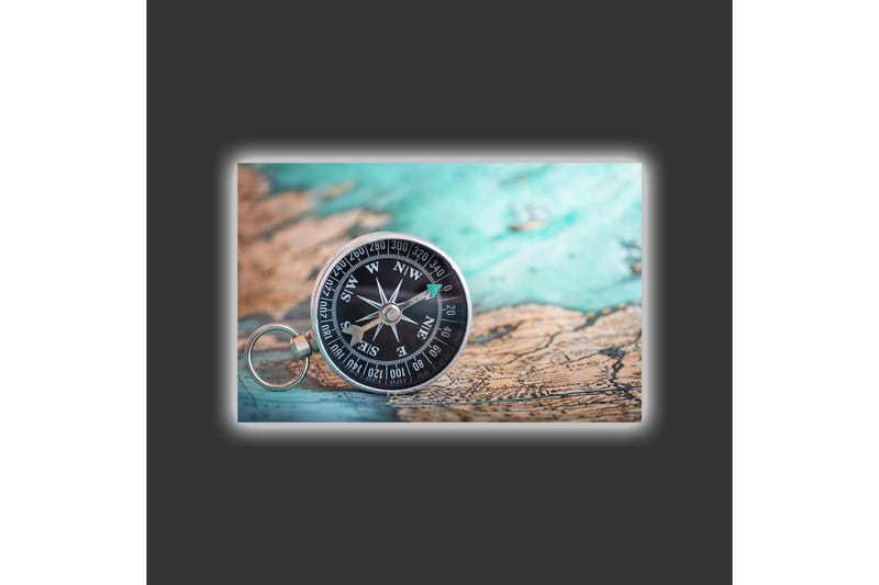 Lerretsbilde med LED-belysning - Kompass på et gammelt kart med et maritimt tema - Turkis / Brun / Svart - Innredning - Bilder & kunst - Lerretsbilder