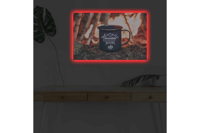 Lerretsbilde med LED-belysning - Kopp med tekst og fjellandskap i bakgrunnen - Mørk blå / Oransje / Grønn - Innredning - Bilder & kunst - Lerretsbilder