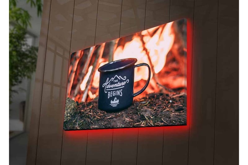 Lerretsbilde med LED-belysning - Kopp med tekst og fjellandskap i bakgrunnen - Mørk blå / Oransje / Grønn - Innredning - Bilder & kunst - Lerretsbilder