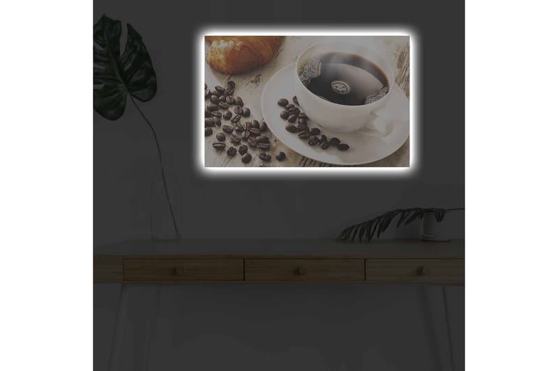 Lerretsbilde med LED-belysning - Kopp svart kaffe og kaffebønner på et bord - Svart / Brun / Hvit - Innredning - Bilder & kunst - Lerretsbilder