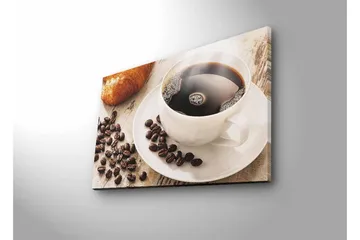 Lerretsbilde med LED-belysning - Kopp svart kaffe og kaffebønner på et bord - Svart / Brun / Hvit - Innredning - Bilder & kunst - Lerretsbilder