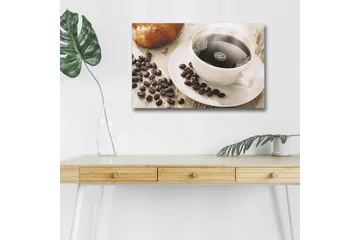 Lerretsbilde med LED-belysning - Kopp svart kaffe og kaffebønner på et bord - Svart / Brun / Hvit - Innredning - Bilder & kunst - Lerretsbilder