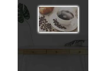 Lerretsbilde med LED-belysning - Kopp svart kaffe og kaffebønner på et bord - Svart / Brun / Hvit - Innredning - Bilder & kunst - Lerretsbilder